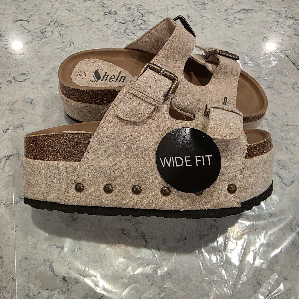 Sheln Women's Wide Fit Open Toe Double Buckle Cork Footbed Slide Sandals 6 WIDE